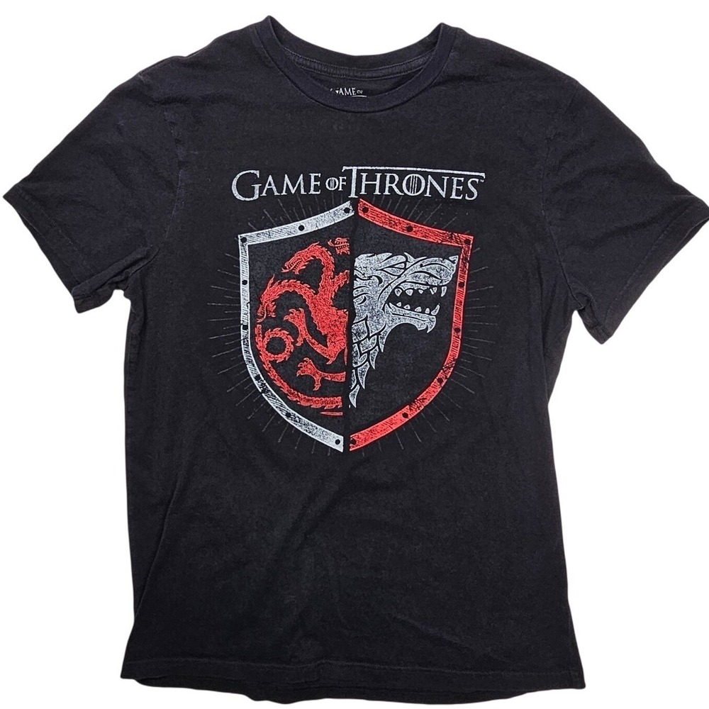 Game of Thrones Mens Black Graphic T-Shirt Stark Targaryen Shield Size Medium